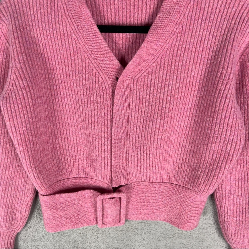 Victoria Beckham Belted Rib-Knit Wool‎ Cardigan Women's Size 2 Pink Sweater - Picture 3 of 11